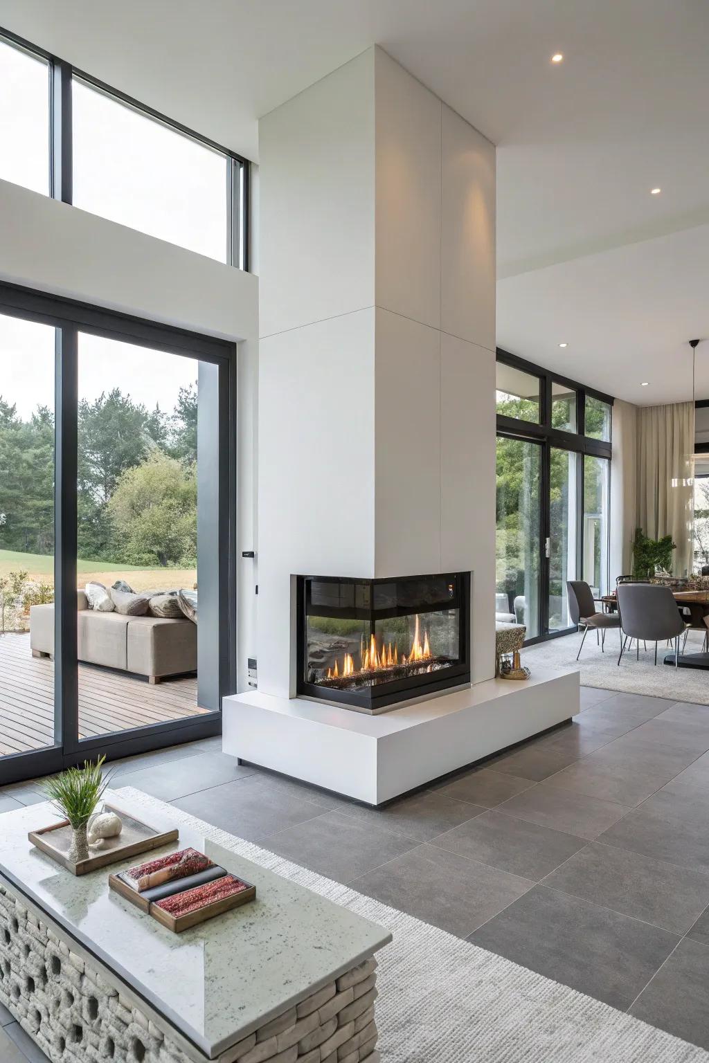 An electric fireplace with double-sided views acting as an elegant divider in an open-concept space.
