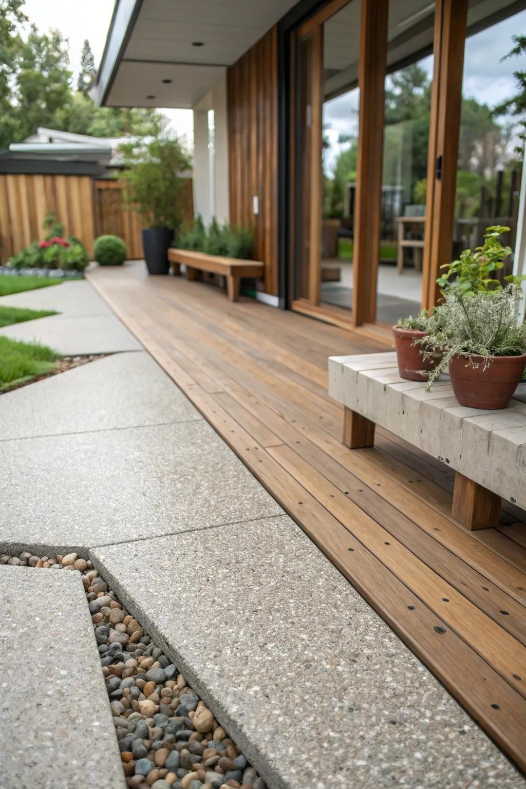 A mix of wood and pebbles creates a unique patio style.