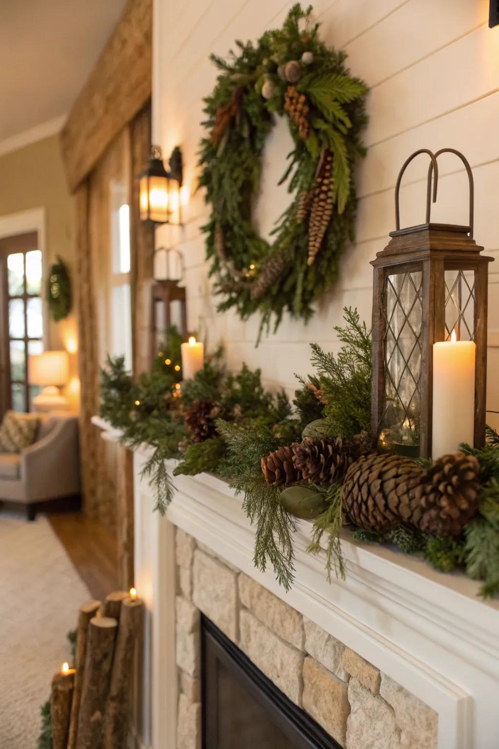 Greenery introduces a fresh and inviting feel to the fireplace.