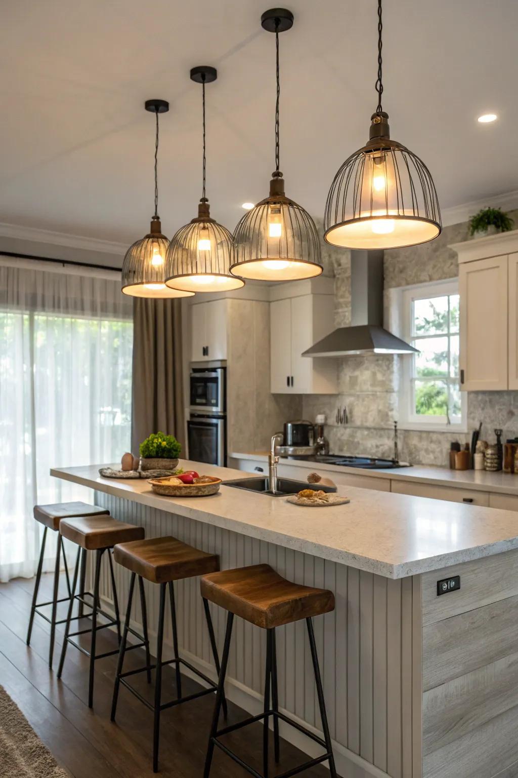 Neutral hanging lights create a serene kitchen atmosphere.