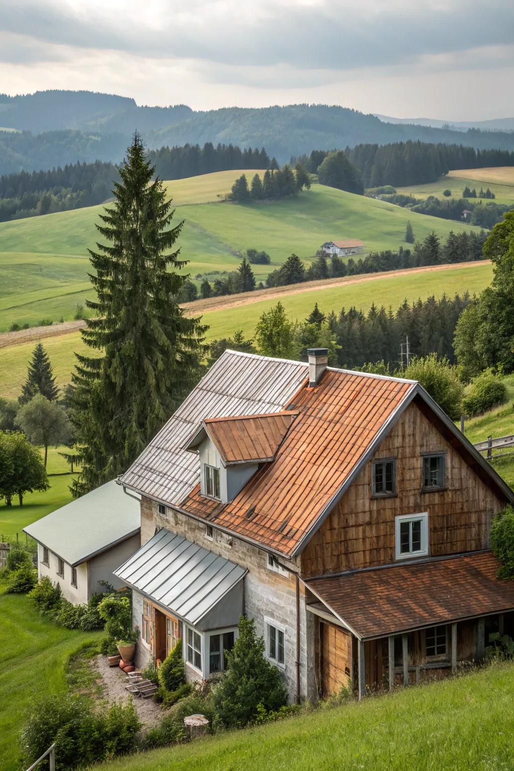 Harmonious texture: A farmhouse featuring a mix of tiles and metal roofing.