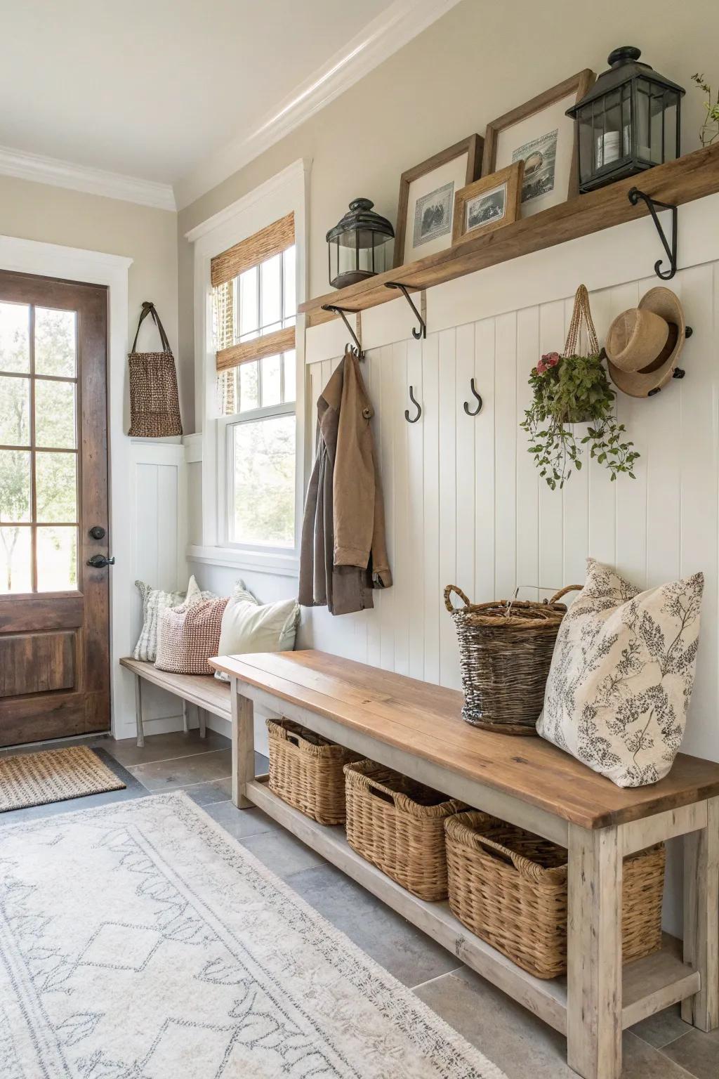Bright and welcoming mudroom with neutral shades.