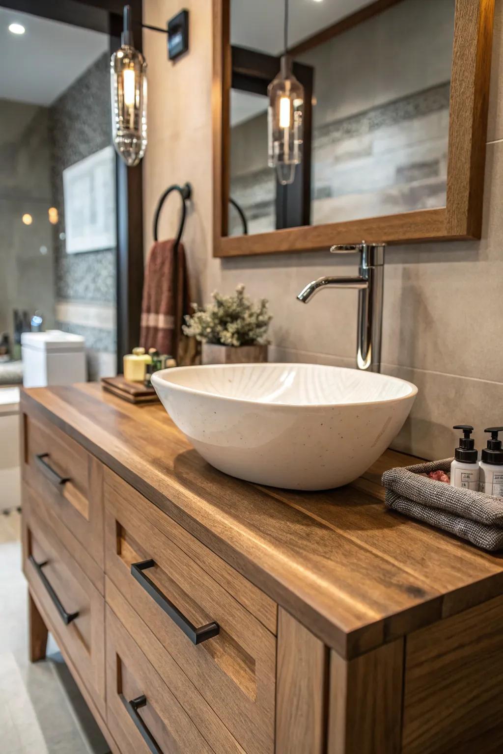 A streamlined bowl sink within a washroom featuring timber detailing.