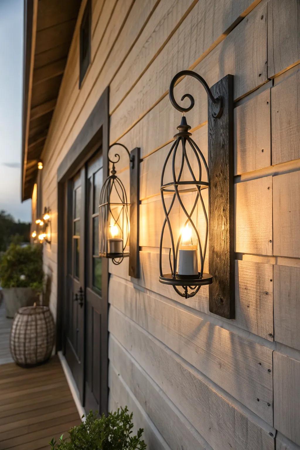 Metal wall lamps adding warm illumination to a farmhouse wall.