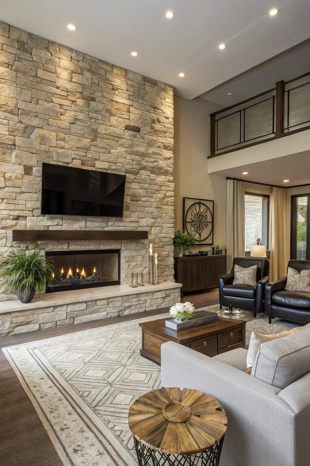 A stone feature wall contributes depth and texture to a contemporary fireplace arrangement.