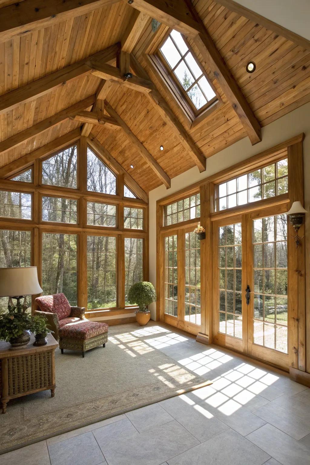 Vaulted ceilings with visible beams impart character to this sunroom.
