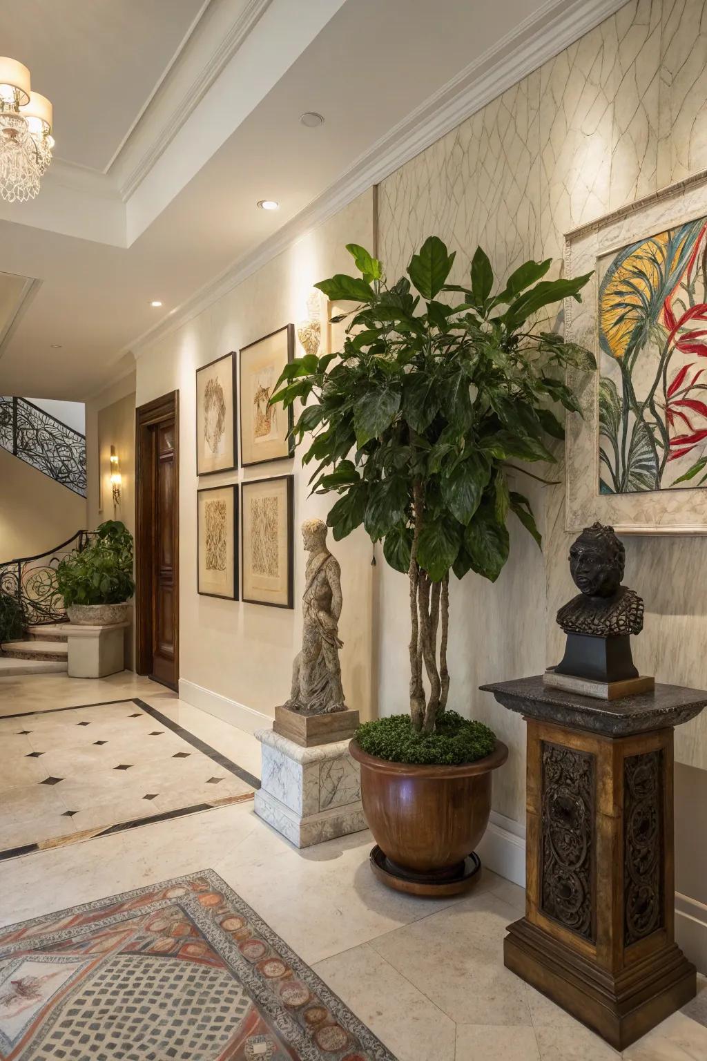 Ornamental accents tailor this contemporary entrance hall, adding warmth and elegance.