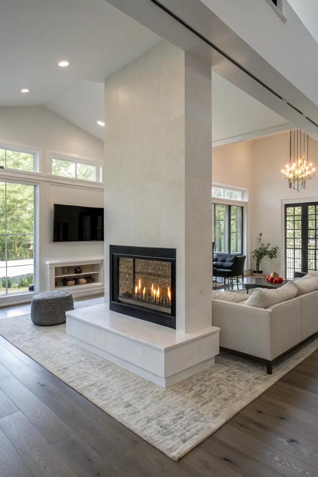 A double-sided gas fireplace joining two rooms with warmth.