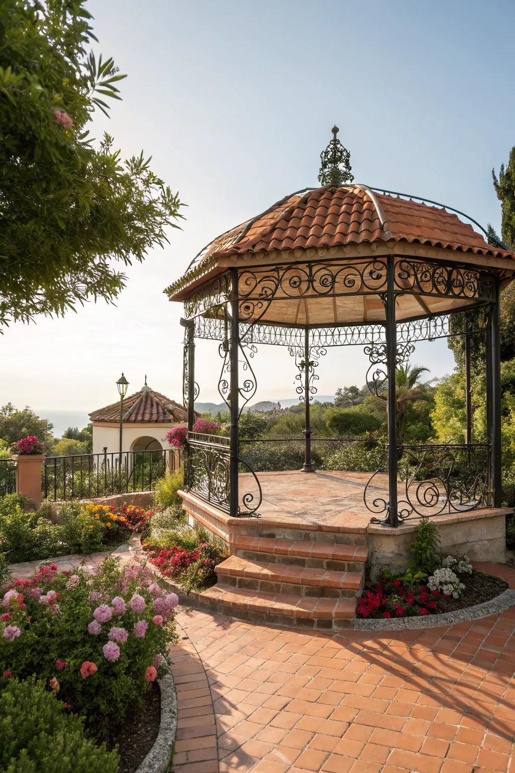 A Mediterranean-style gazebo that radiates warmth and sophistication.