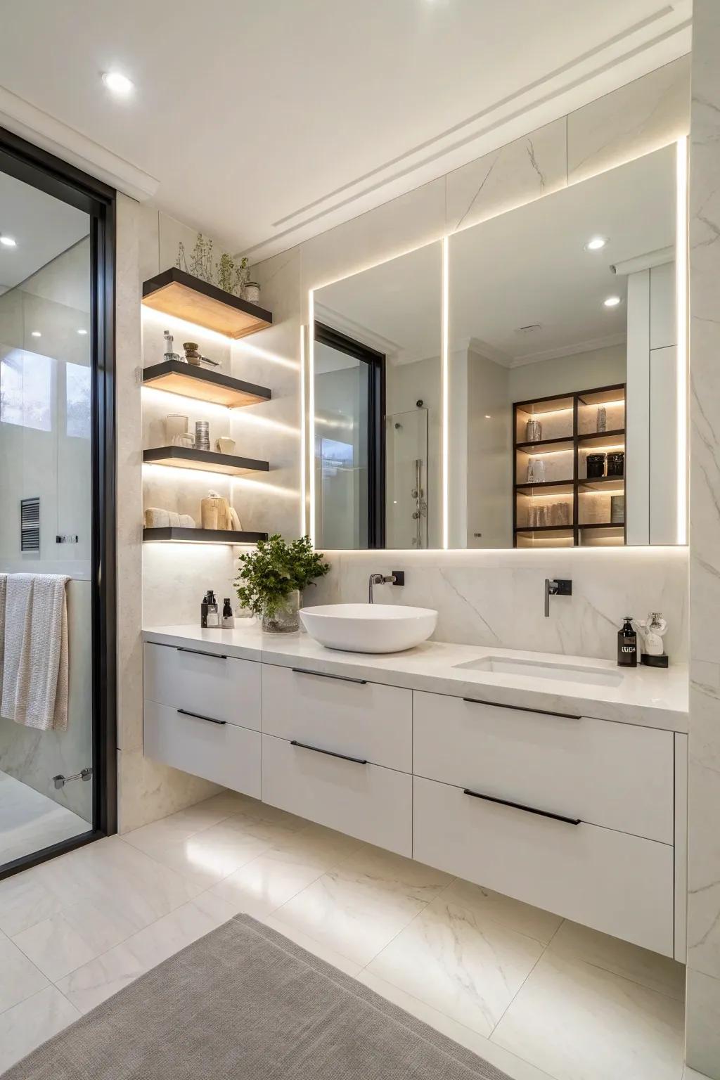 A bathroom exhibiting practical stowage alternatives via suspended ledges and streamlined cabinetry.