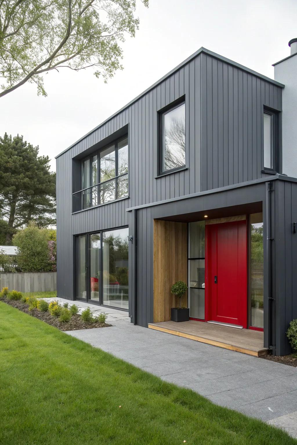 Graphite grey paired with a red entrance for a striking modern look.