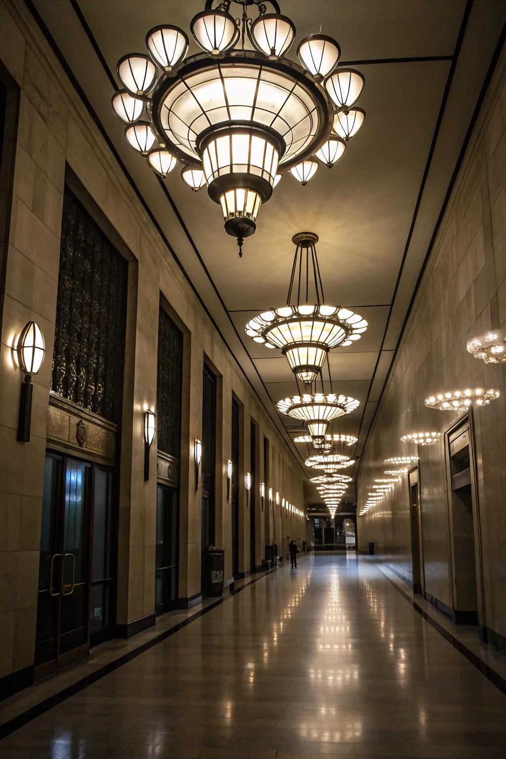 Grouped lighting introduces drama and intrigue to any hallway.