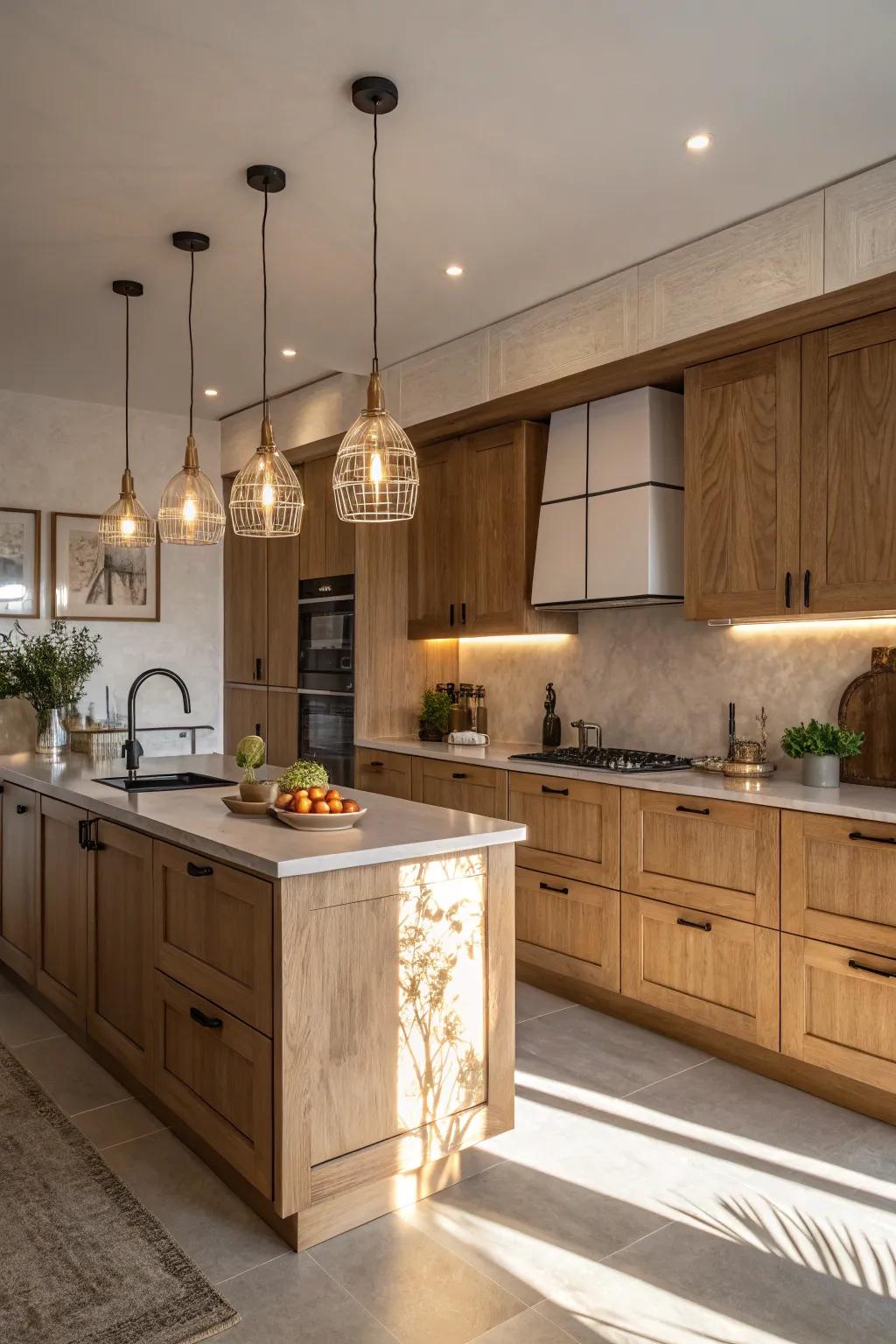 Modern lighting schemes enhance the warmth and grace of kitchens featuring golden-toned cabinetry.