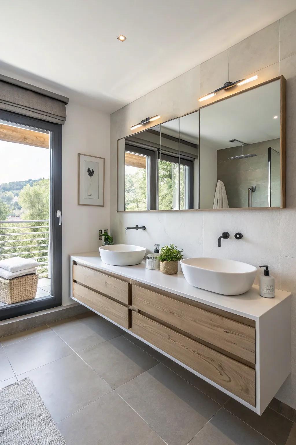 Wall-mounted counters enhance a spacious, modern aesthetic.