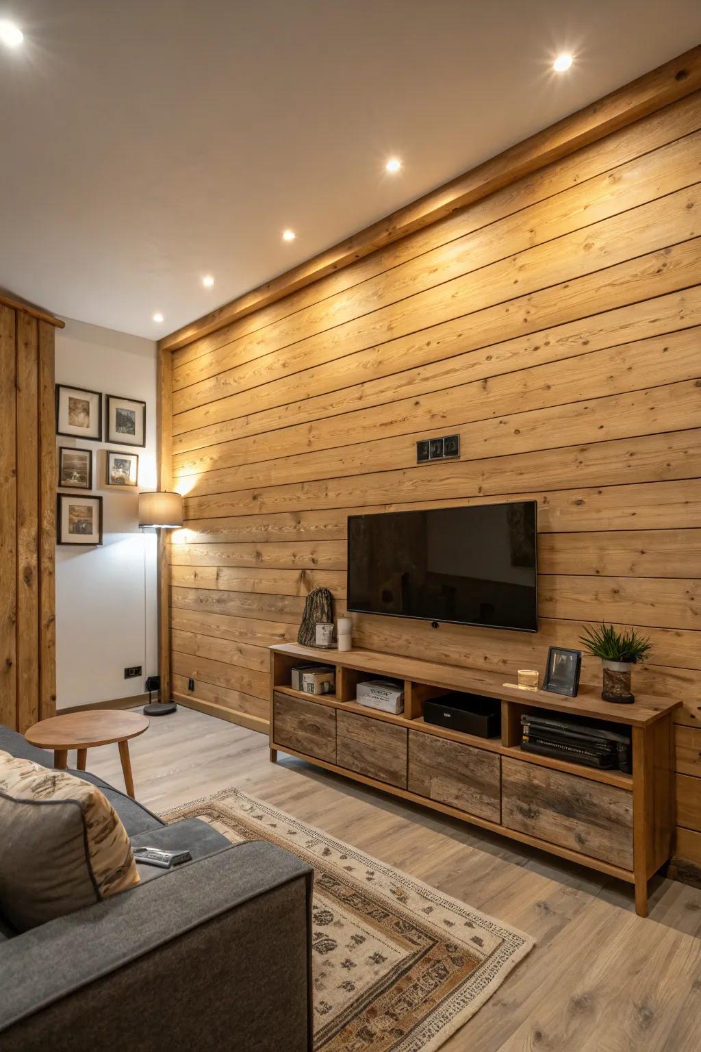 Natural wood paneling adds warmth and a rustic touch to the modern family room.