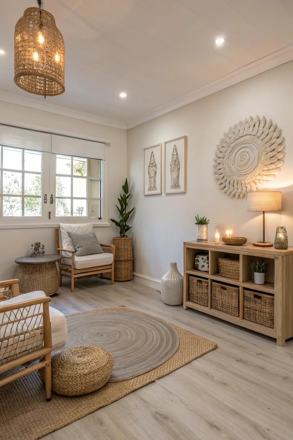 A neutral palette enhances the tranquility of light wood floors.
