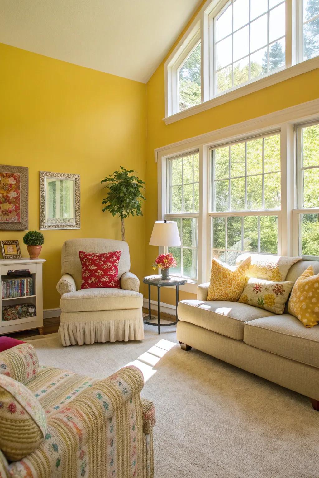 Radiant yellow walls fill this living area with happiness and warmth.