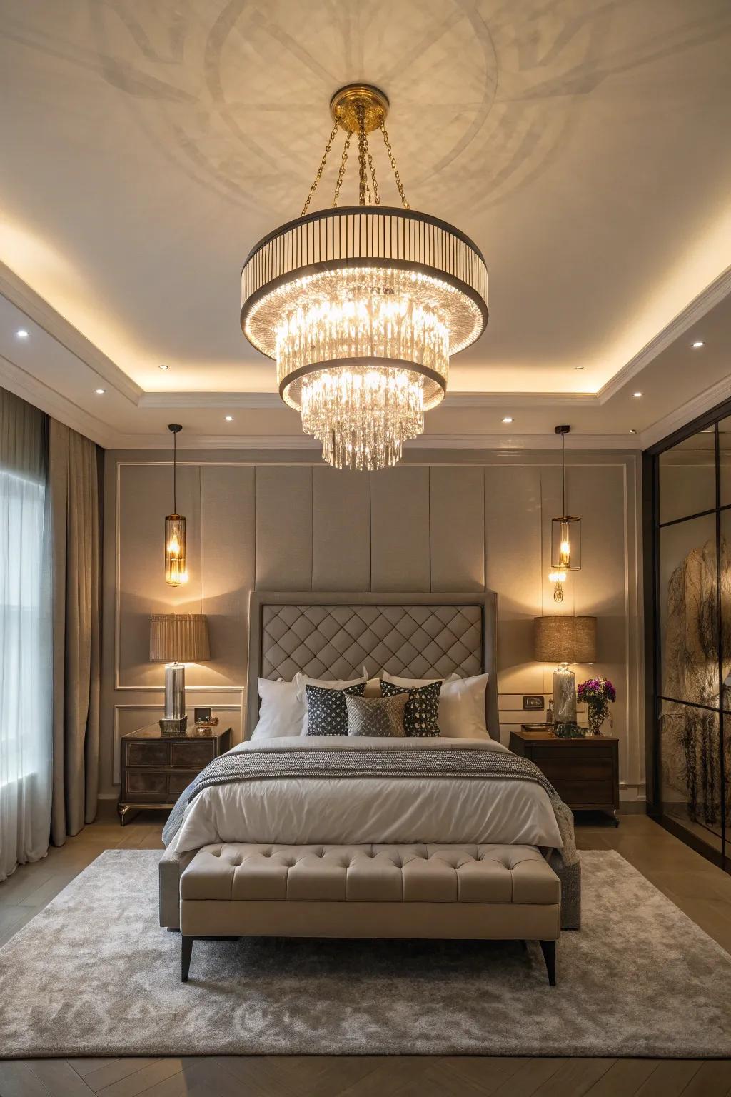 A fashionable chandelier enhances the elegance of this contemporary primary bedroom.