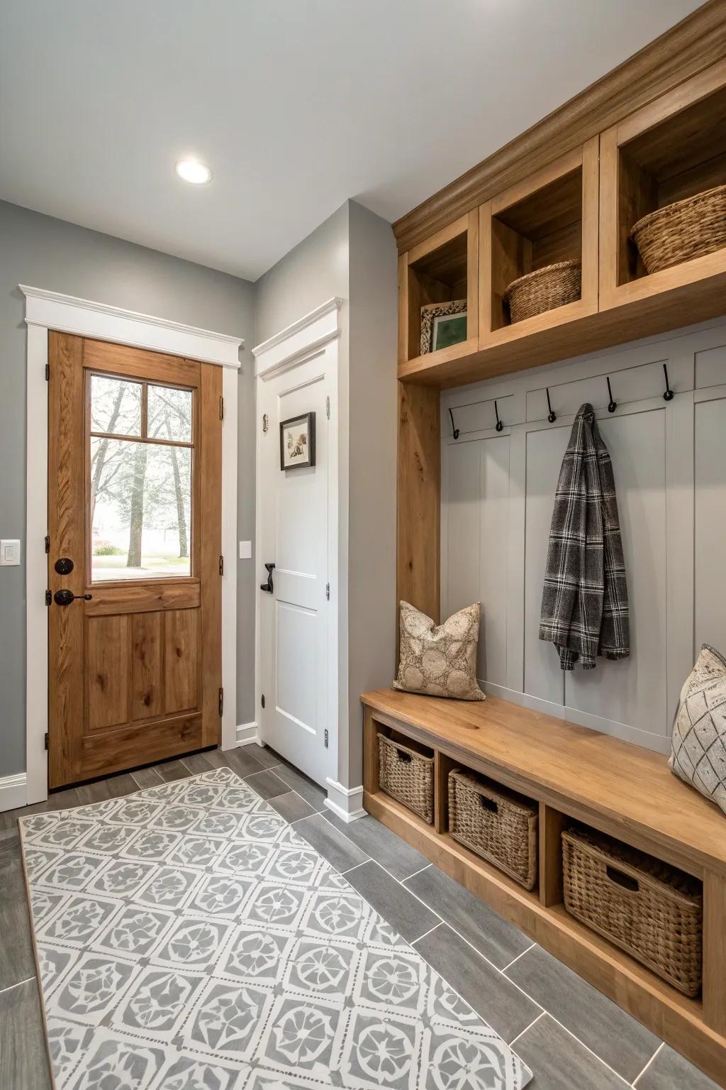 A tranquil, neutral color scheme establishes a serene mood in the mudroom.