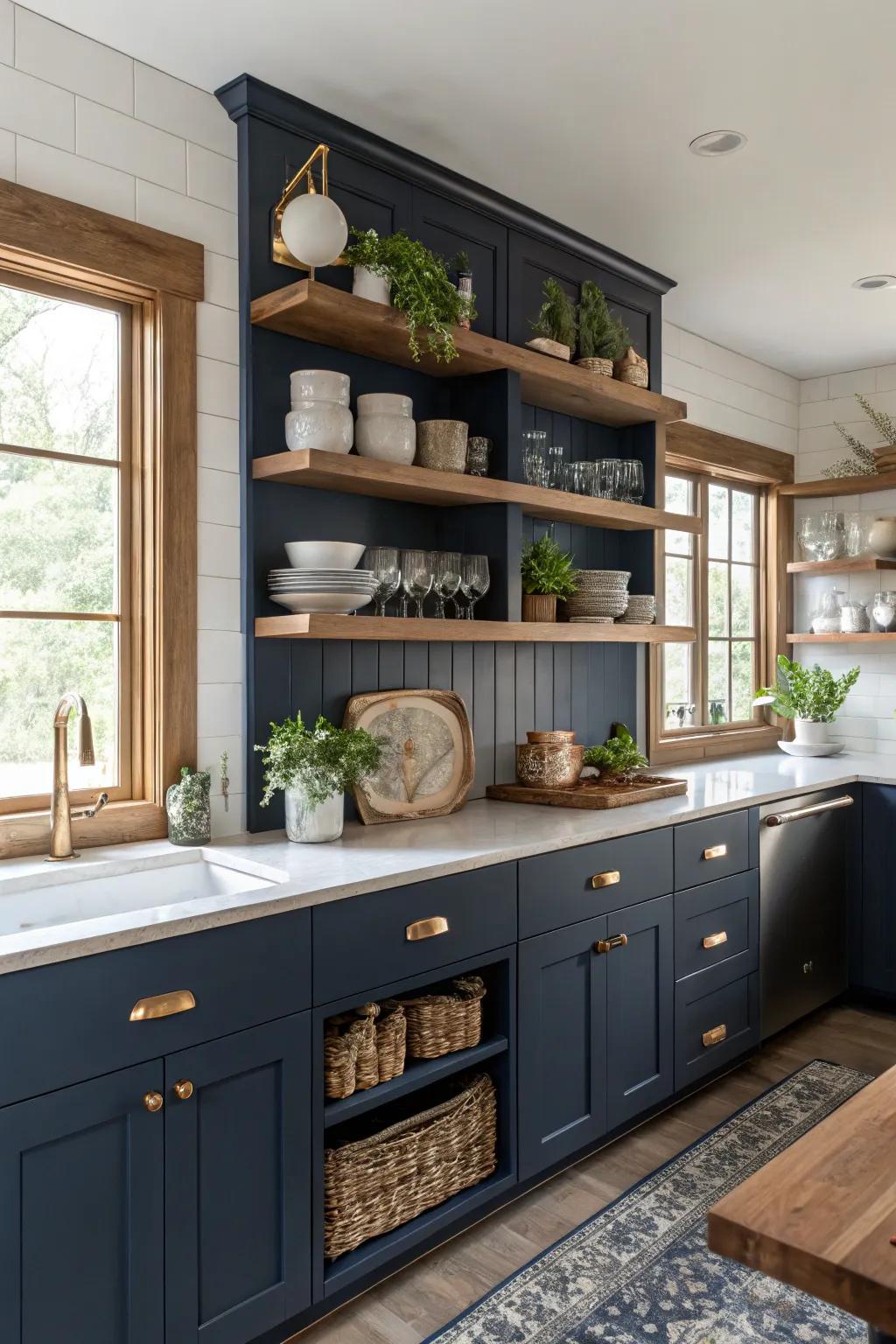 Accessible shelving enriches personality and an airy essence to deep sea culinary spaces.