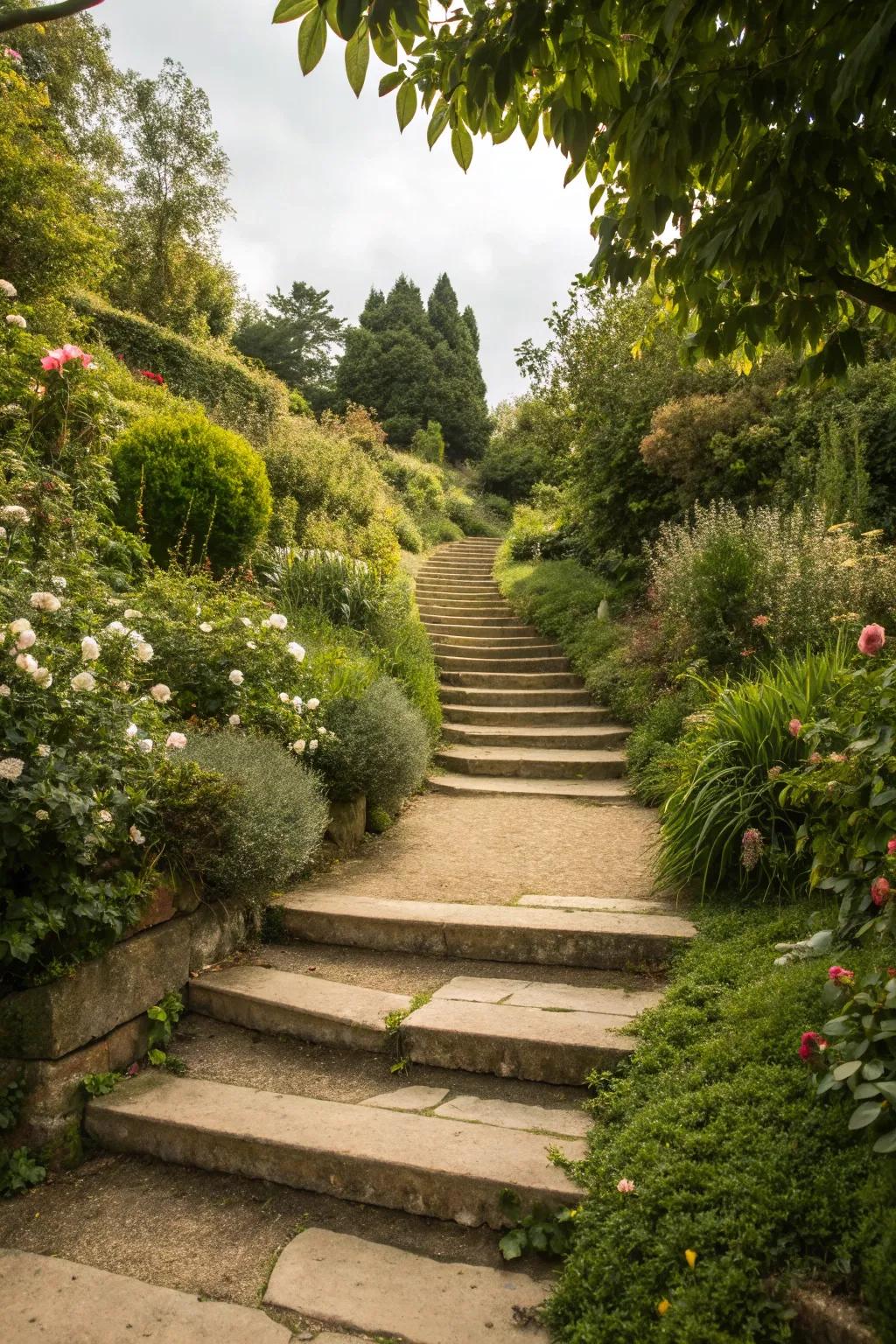 A garden path designed with multiple levels, enhancing dimension and intrigue.