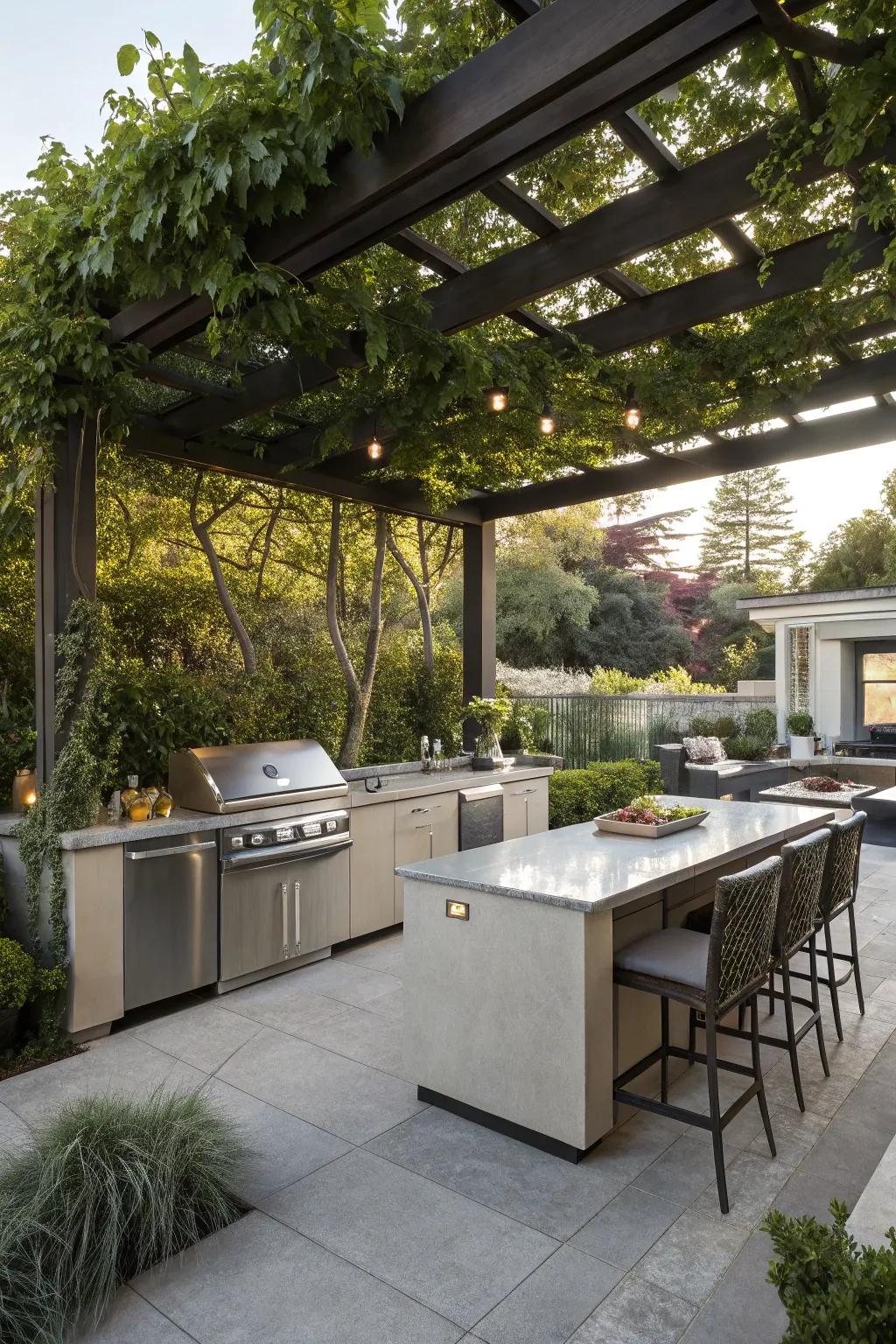 A lattice providing coverage and style to a chic open-air cooking area.