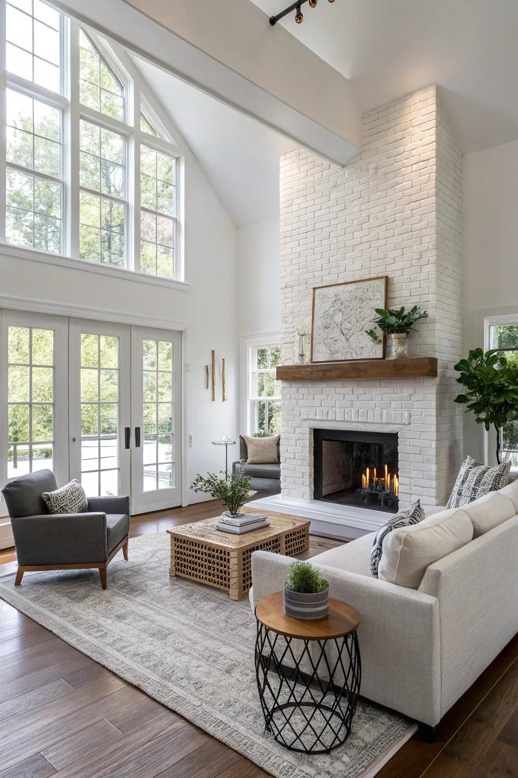 Duo-toned painted brick fireplace contributes depth and interest.