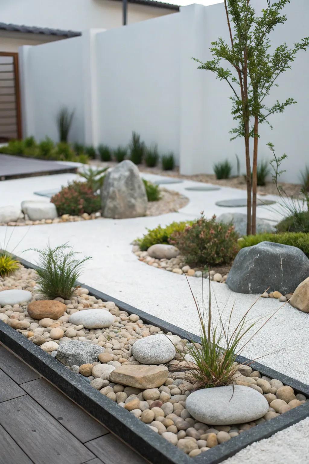 Uncluttered outlines and simplicity define this simple stone garden.