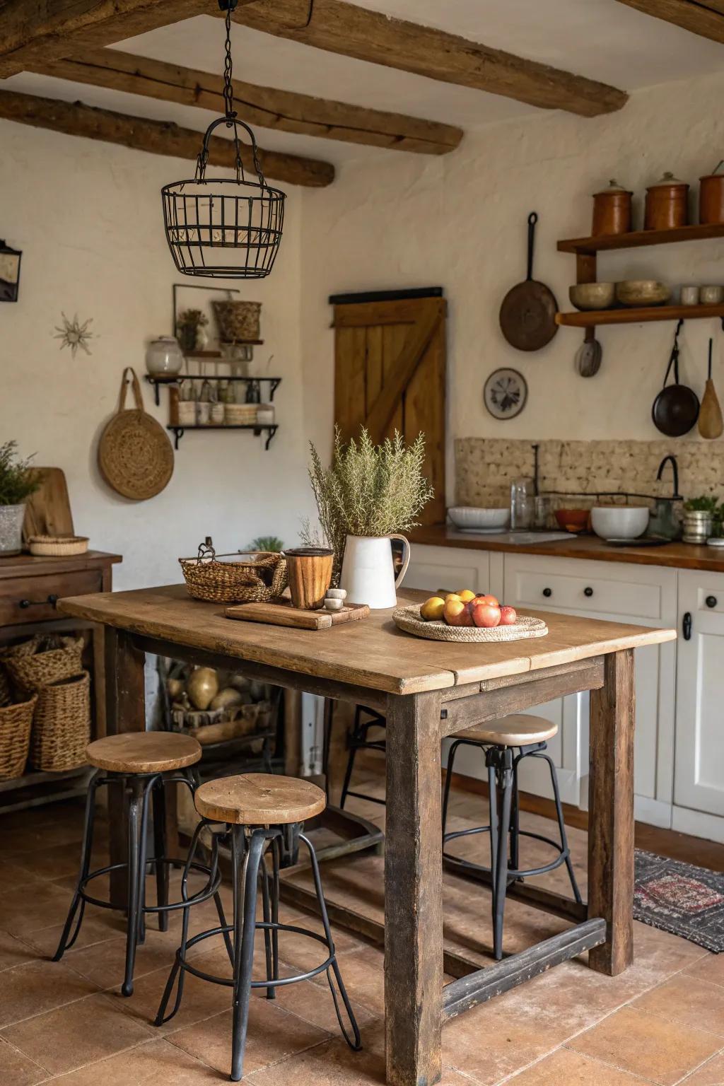 Country inspired furniture establishes an inviting and cozy environment within this kitchen space.