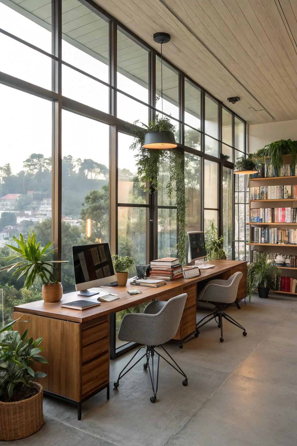 Natural light enriches the ambiance and vitality within a rustic office.