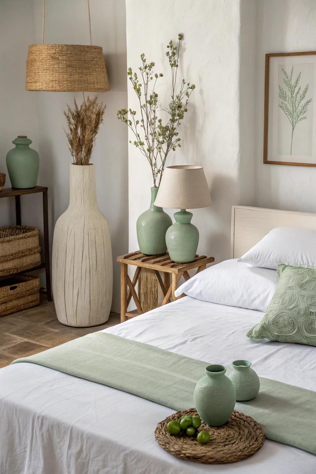 Simple sage green d&eacute;cor complements the room&rsquo;s minimalist and peaceful atmosphere.