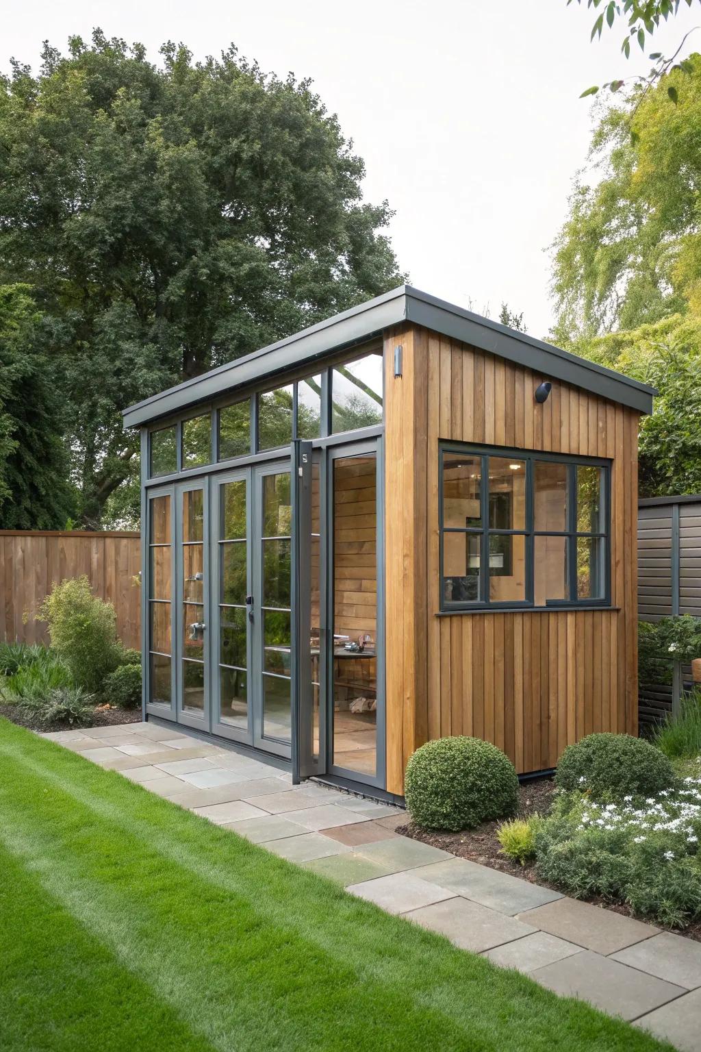 A contemporary shed showcasing a vibrant mix of materials.