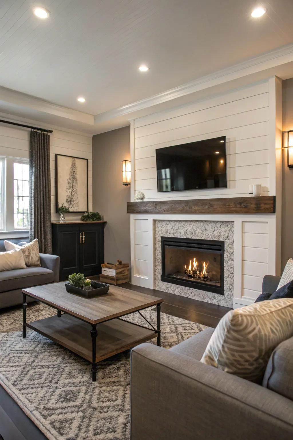 A dual-tone shiplap fireplace that contributes depth and sophistication.