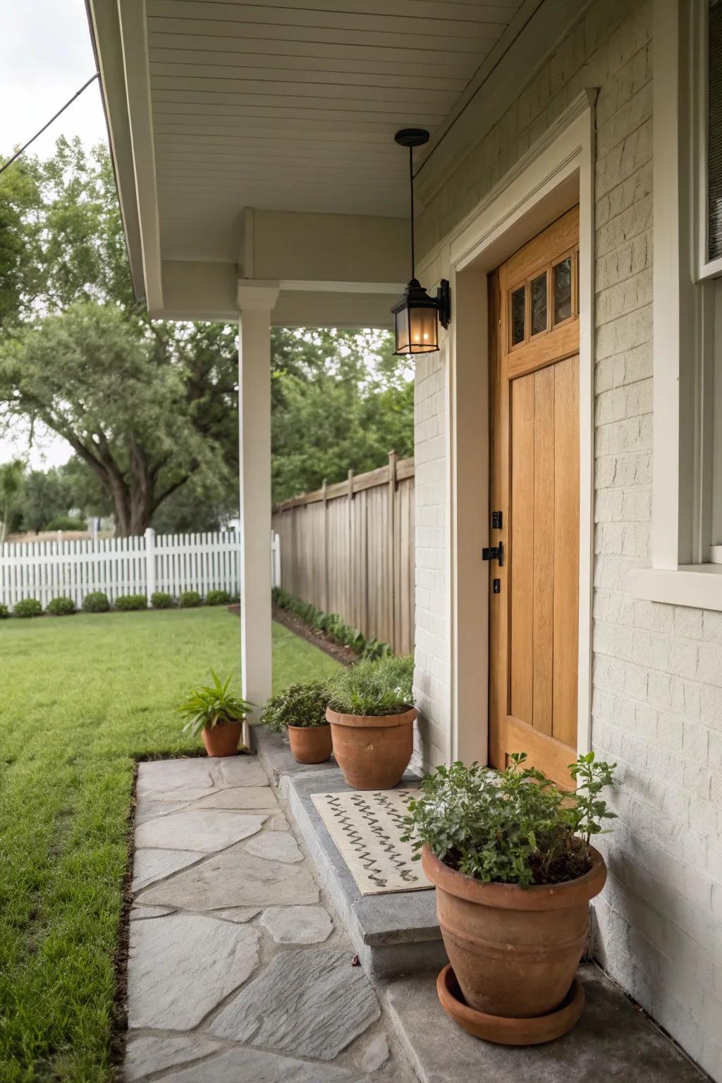 A small front porch presenting a soft and earthy color scheme for a calming impact.