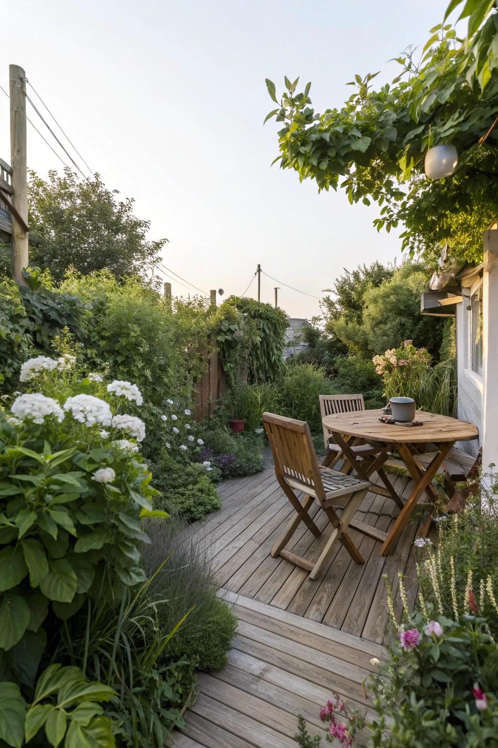 Wooden details adding warmth and texture to a modern garden.