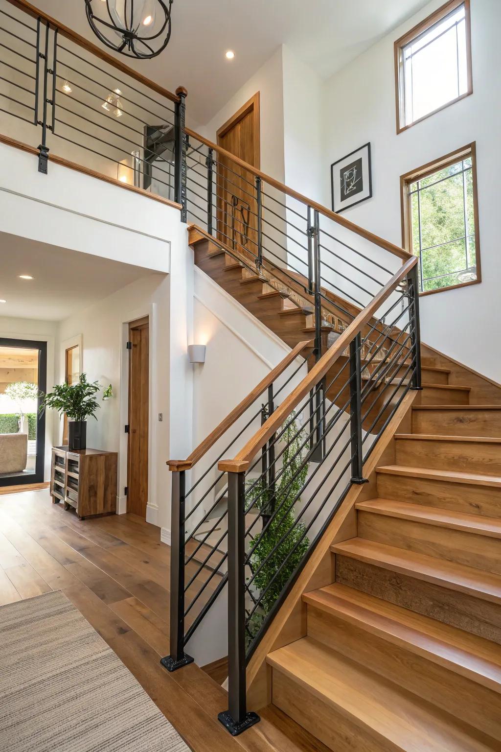 Mixed-material railings enriching the design's depth.