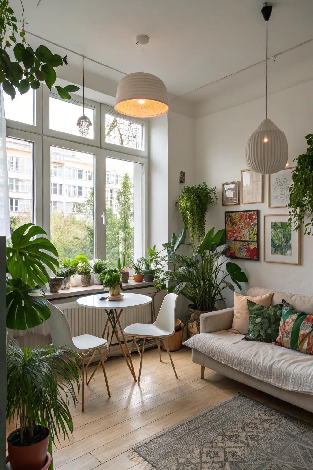 A studio showcasing plants, modern lighting, and art to add character.