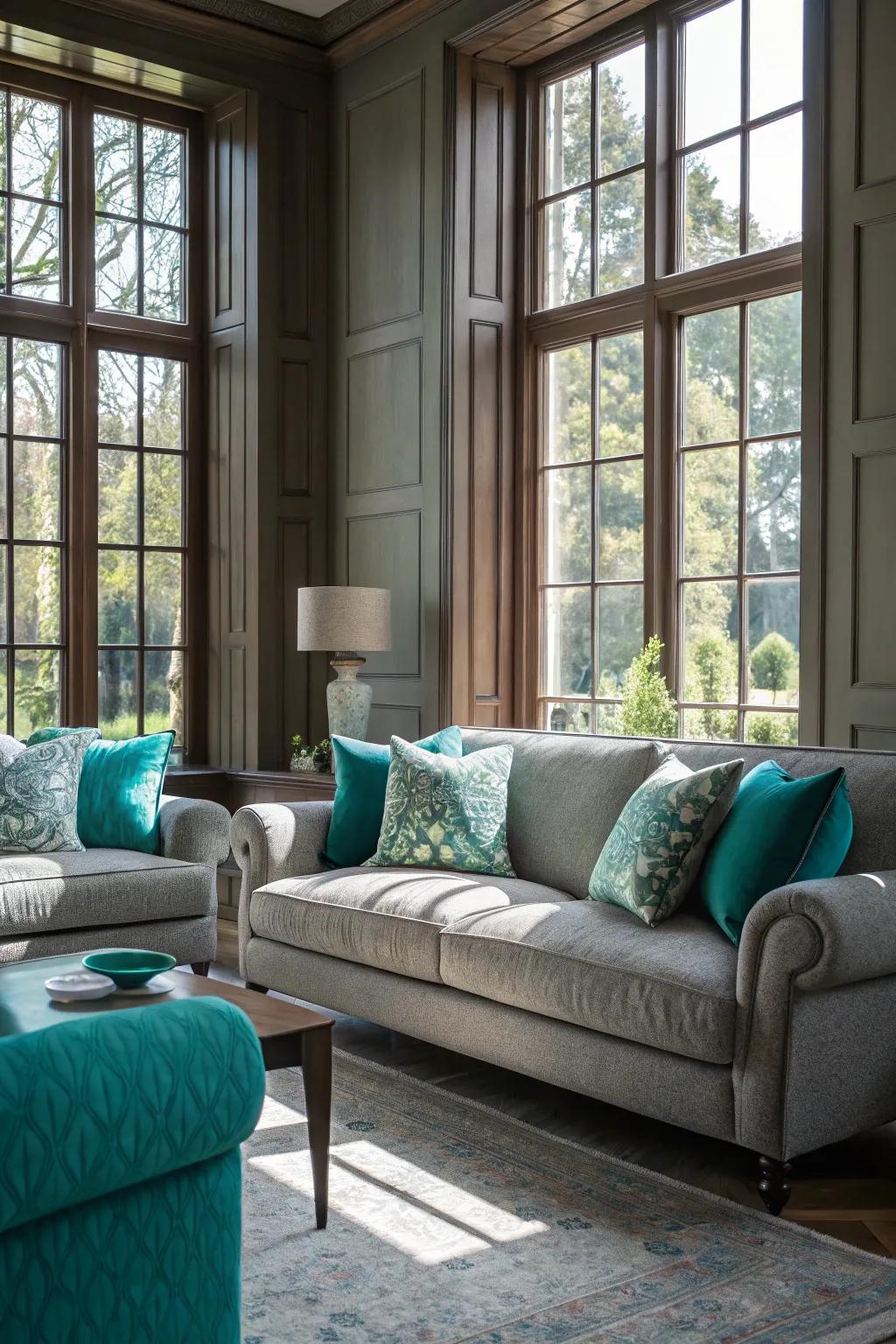 Natural light brightens the teal and grey living area, resulting in a vibrant atmosphere.