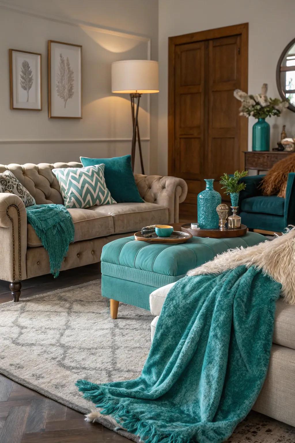 A diverse array of textures enriches this teal-focused living room.