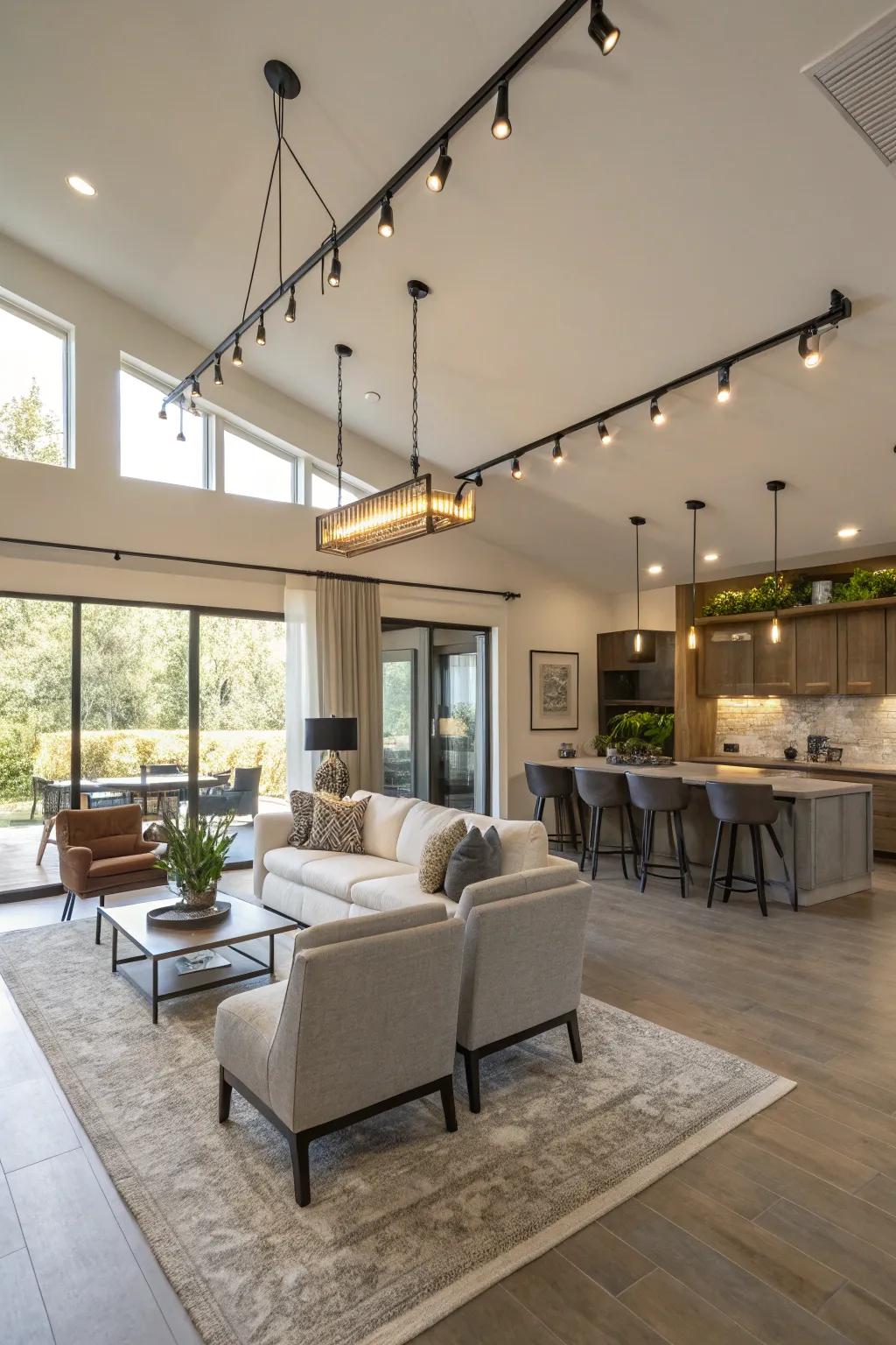 Open-concept living area with dynamic pendant and spotlight track lighting.