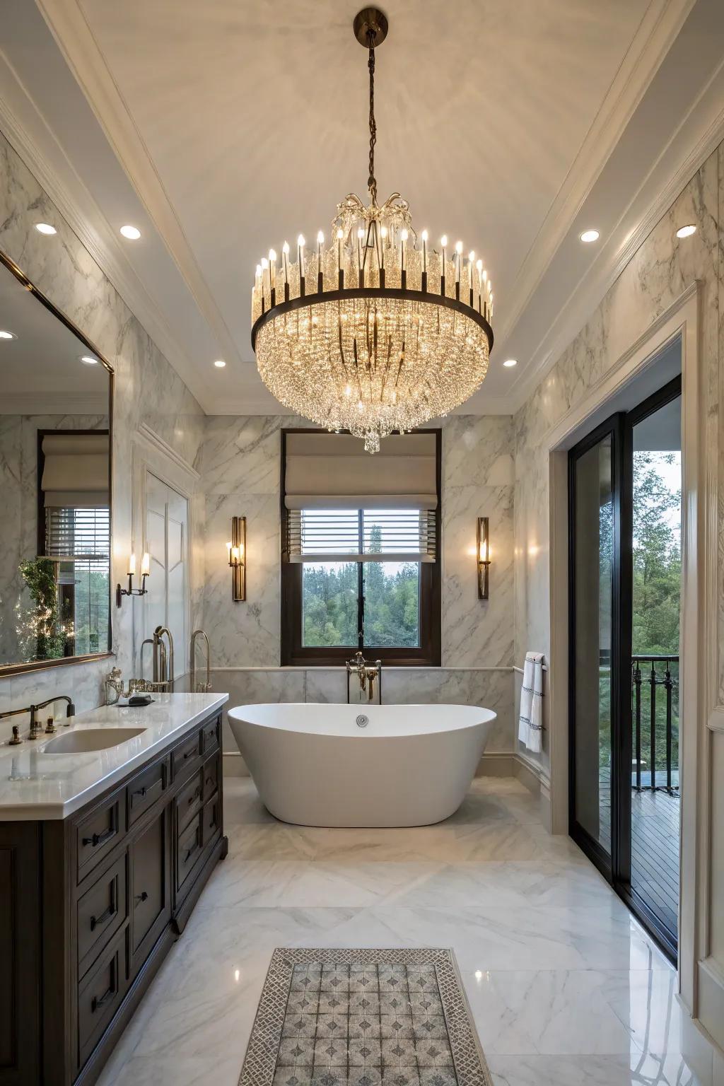 A statement chandelier elevating the elegance of a bathroom.