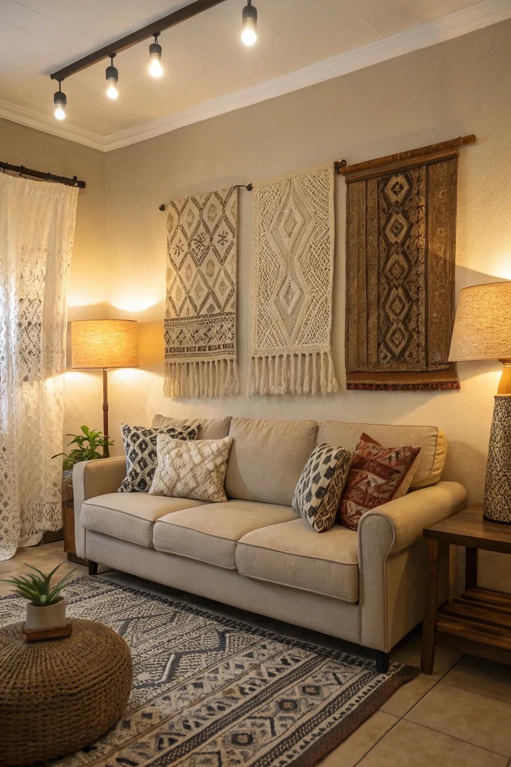 Textured hangings create warmth and visual interest.