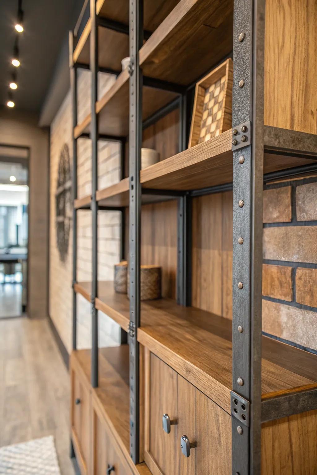 A wall niche blending wooden and metal features for a textured visual.