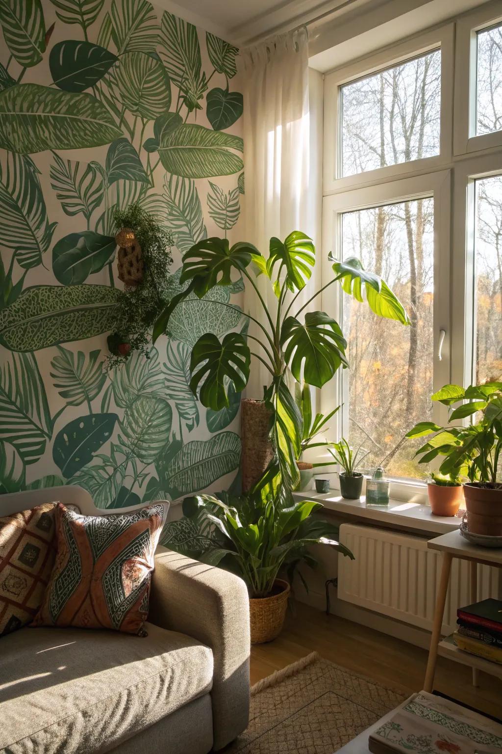 Leafy wall covering brings a fresh, natural feel to a living space.