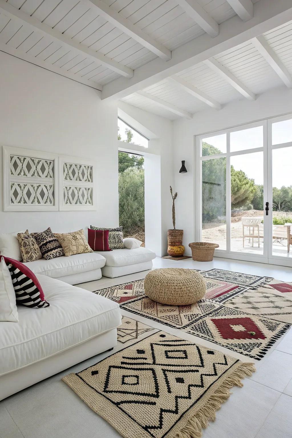 Geometric designs contribute visual intrigue to a white living space.