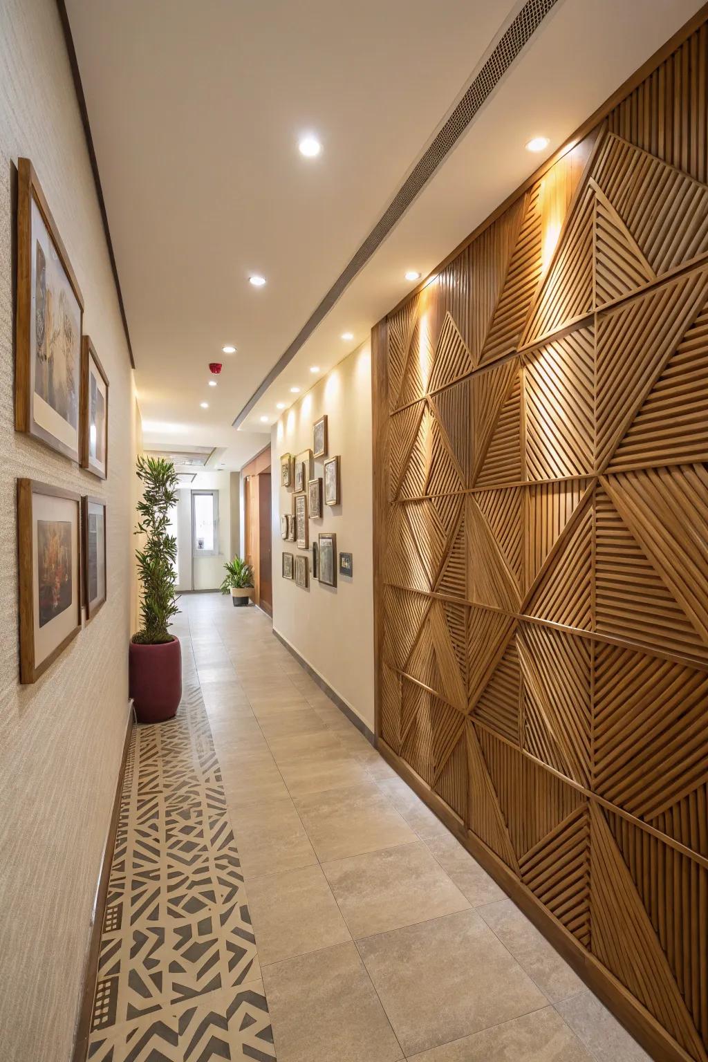 Transform your space into an art installation with a geometric wood slat accent wall.