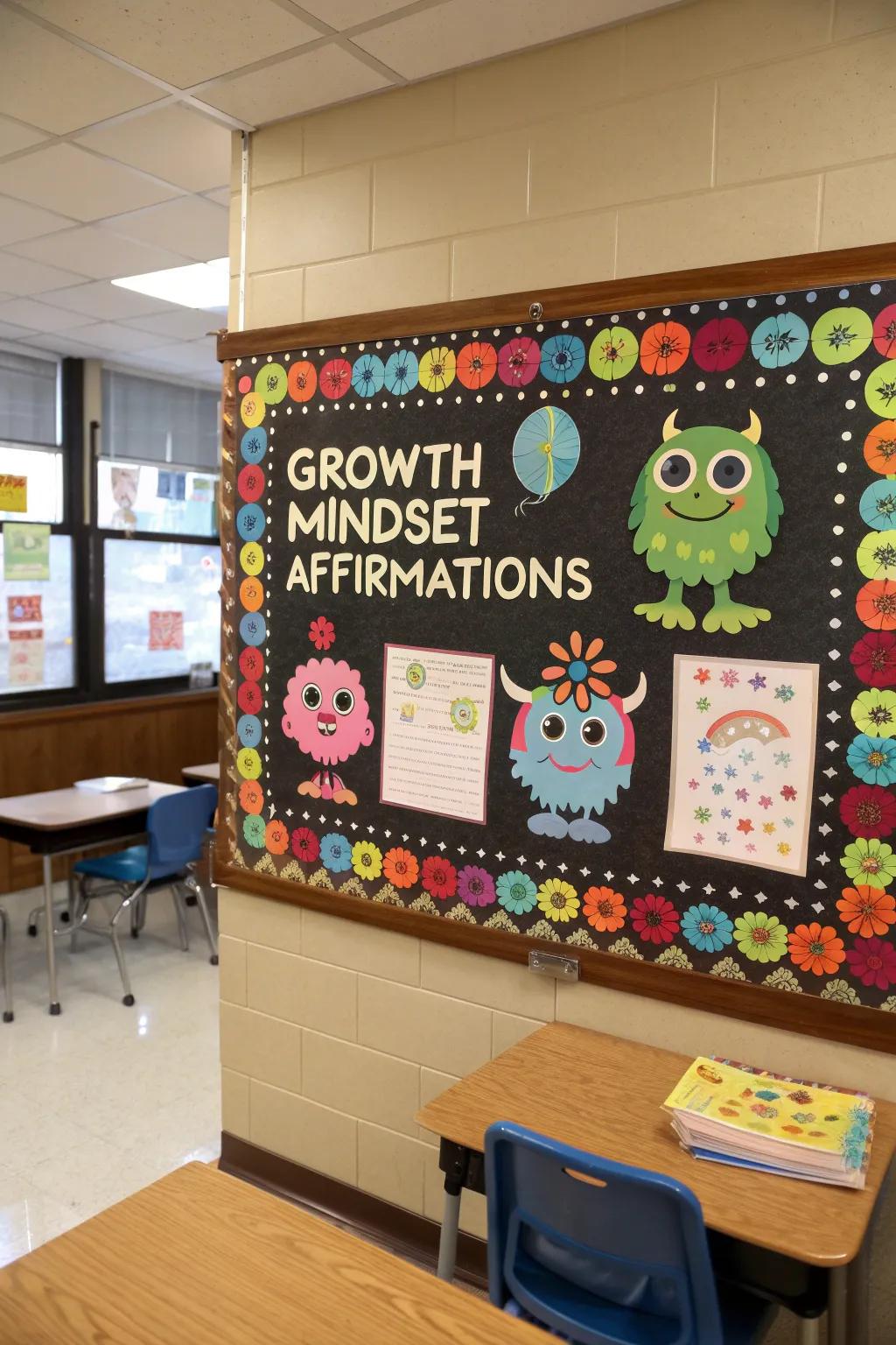 A growth mindset board featuring creature affirmations to inspire positivity.