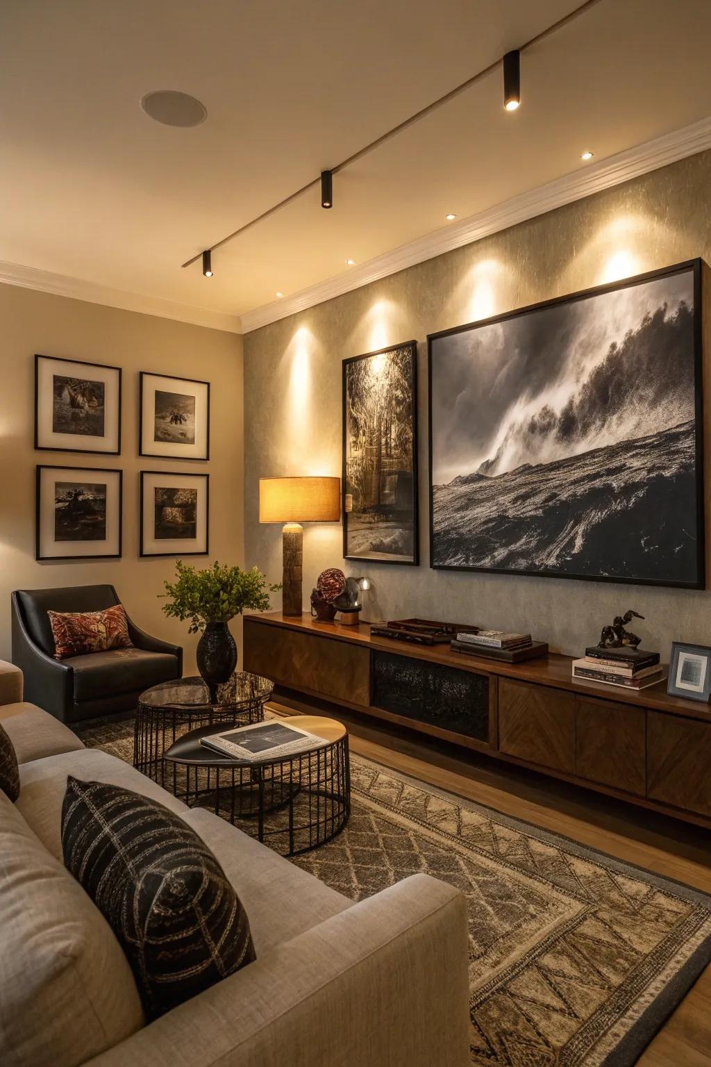 Artistic elements within a dimly lit living space with a curated wall of art.