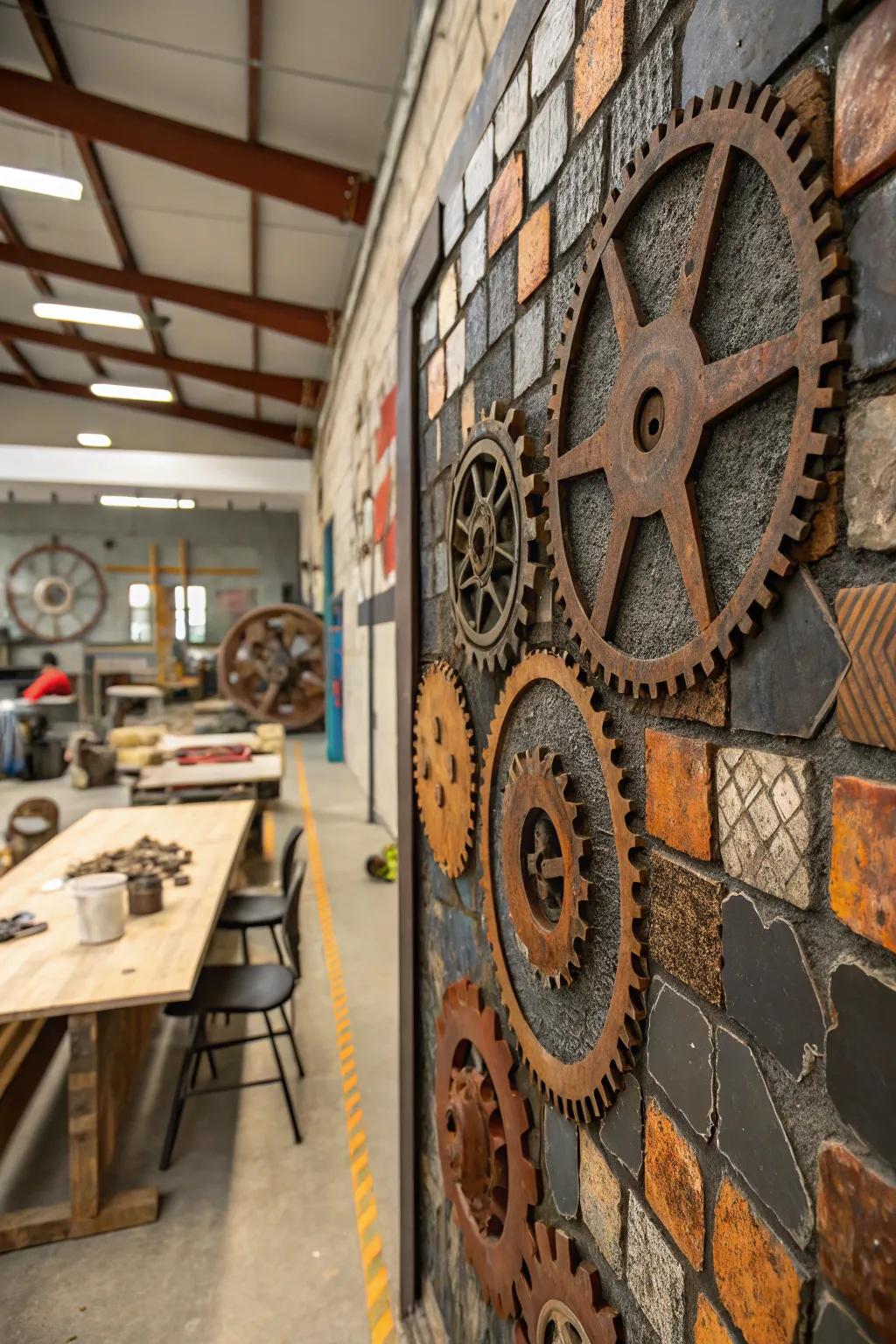 Oxidized fragments contribute industrial charm and uniqueness to mosaics.