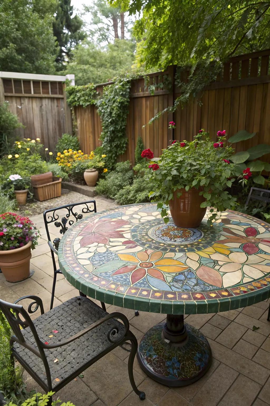 An outdoor mosaic table injects dynamic flair into garden environments.
